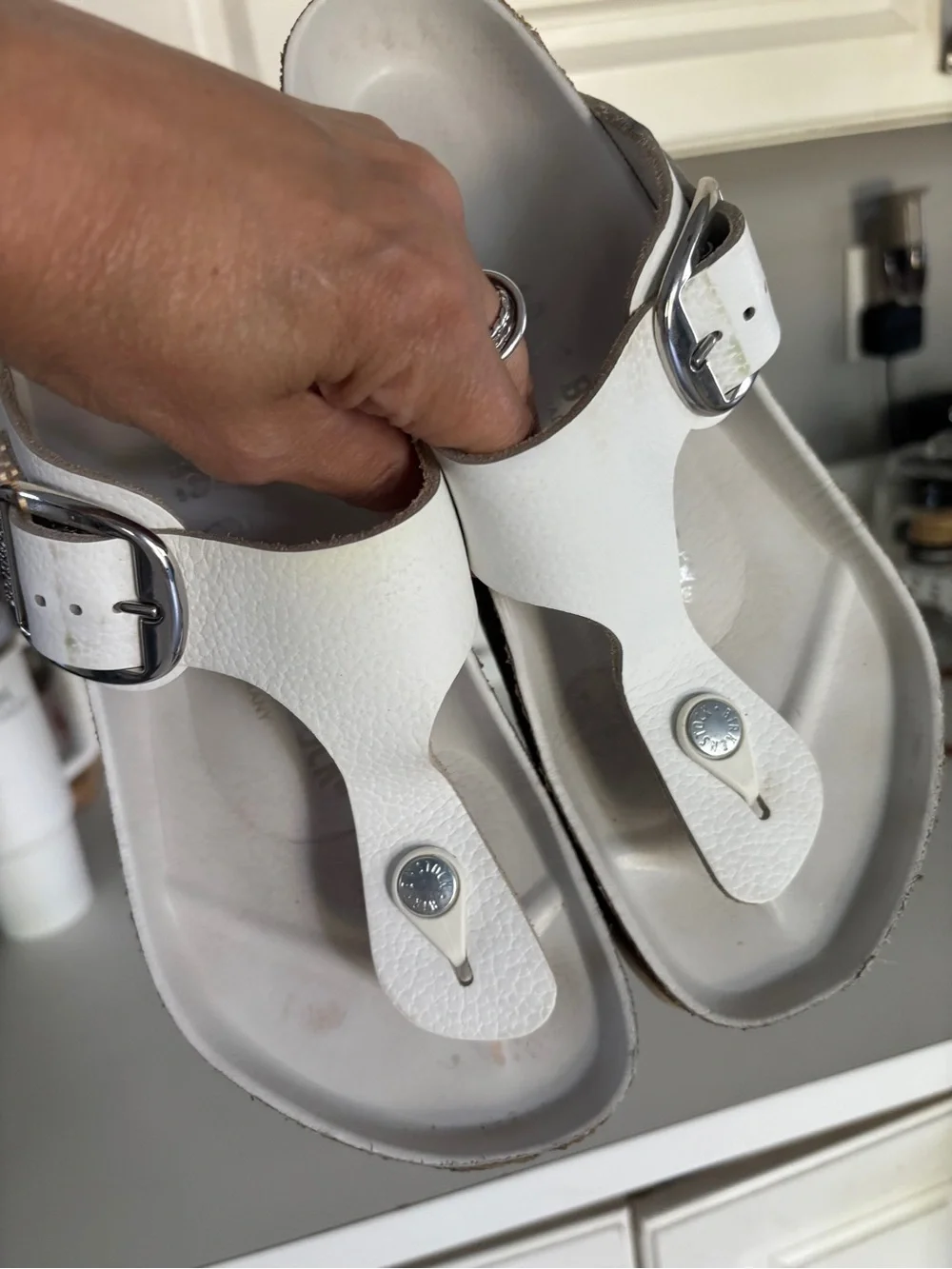 Birkenstock White Leather Slip-On Sandals with Cork Footbed - Picture 5 of 8
